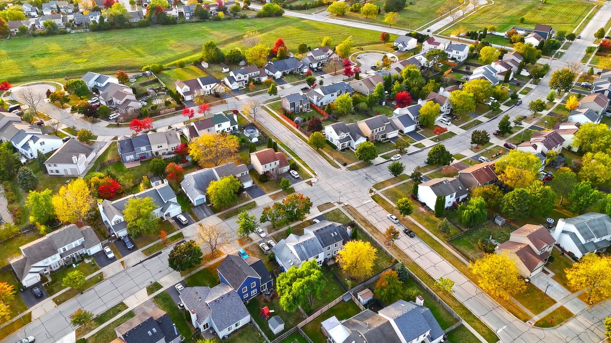 Aerial view of residential neighbourhoods and green spaces across Bedfordshire served by local independent property surveyors and valuers