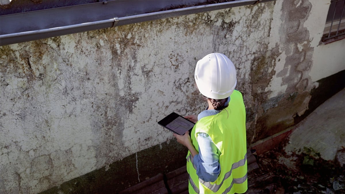 Professional property surveyor inspecting a home