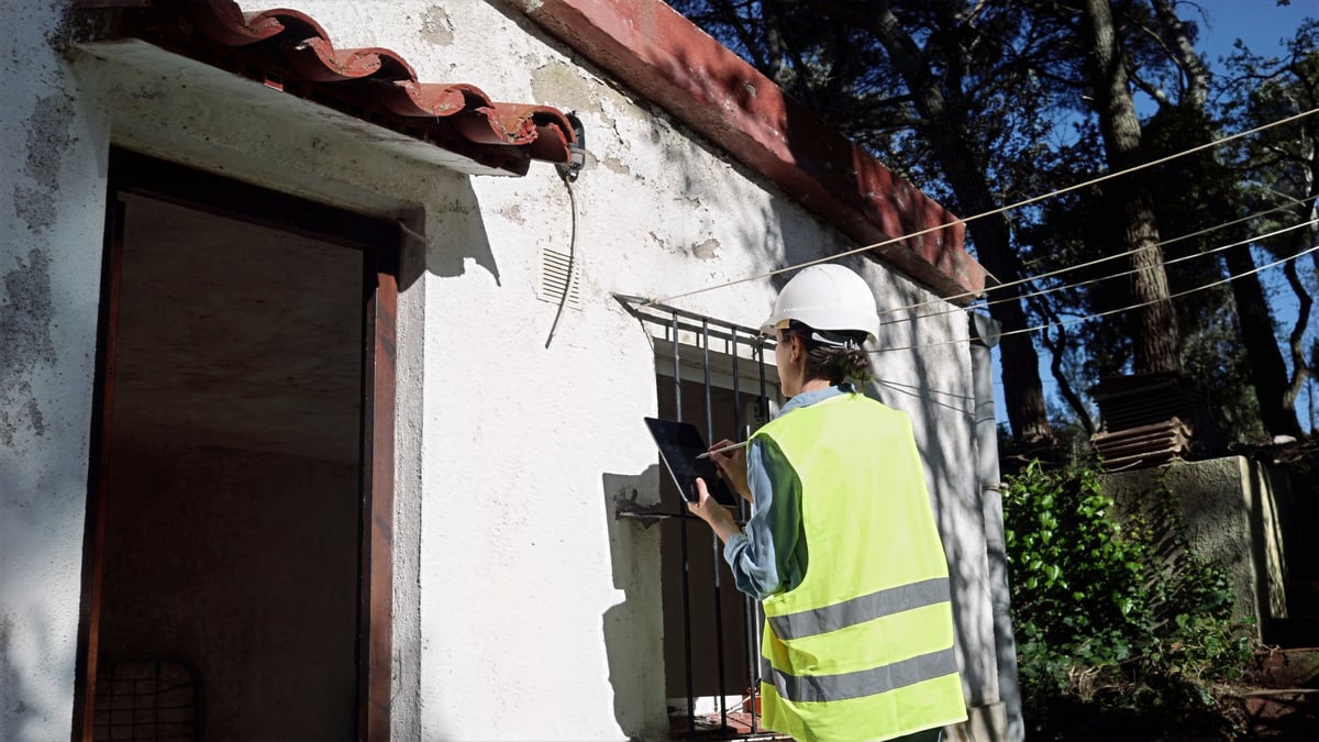 Female building surveyor in Cambridgeshire reviewing property condition with digital tablet during a professional home survey inspection